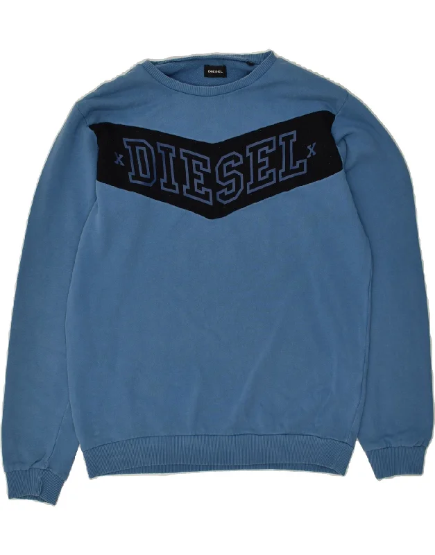 DIESEL Mens Graphic Sweatshirt Jumper Small Blue Cotton Hoodie with Color Block Contrast Stylish