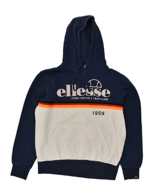 ELLESSE Womens Graphic Hoodie Jumper UK 18 XL Navy Blue Colourblock Cotton Hoodie with Front Slit Layering Stylish