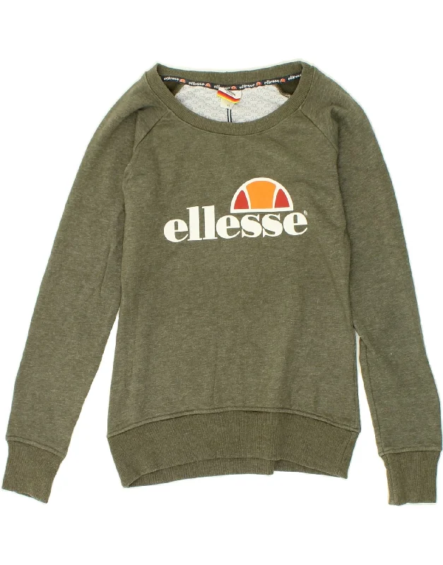 ELLESSE Womens Graphic Sweatshirt Jumper UK 4 XS Green Cotton Hoodie with V-Neck Classic Versatile