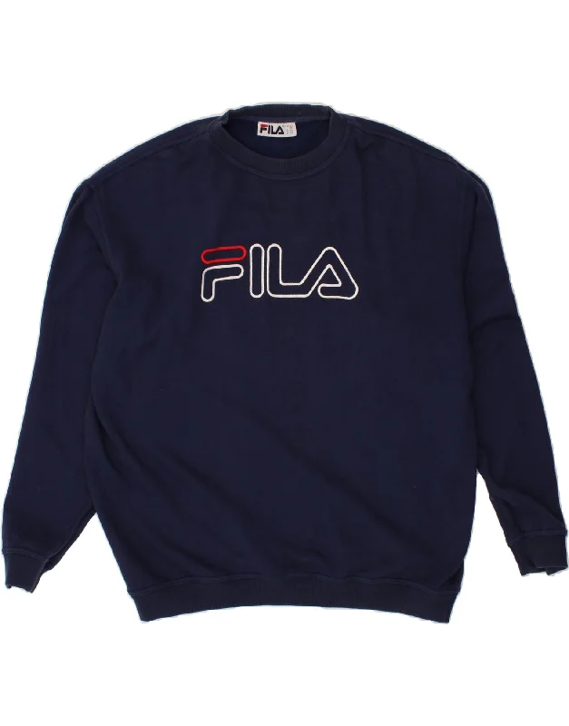 FILA Mens Graphic Sweatshirt Jumper 2XL Navy Blue Cotton Hoodie with Batwing Sleeves Loose Dramatic