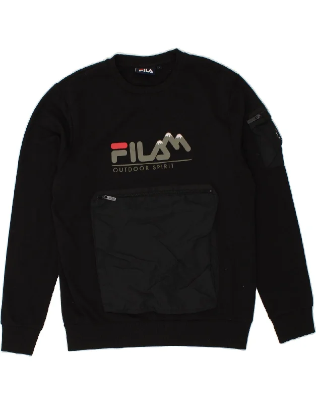 FILA Mens Graphic Sweatshirt Jumper Large Black Cotton Hoodie with Front Slit Layering Stylish