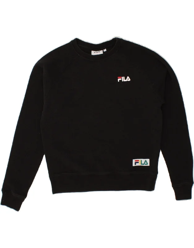 FILA Womens Graphic Sweatshirt Jumper UK 6 XS Black Cotton Hoodie with Full-Zip Functional Layering