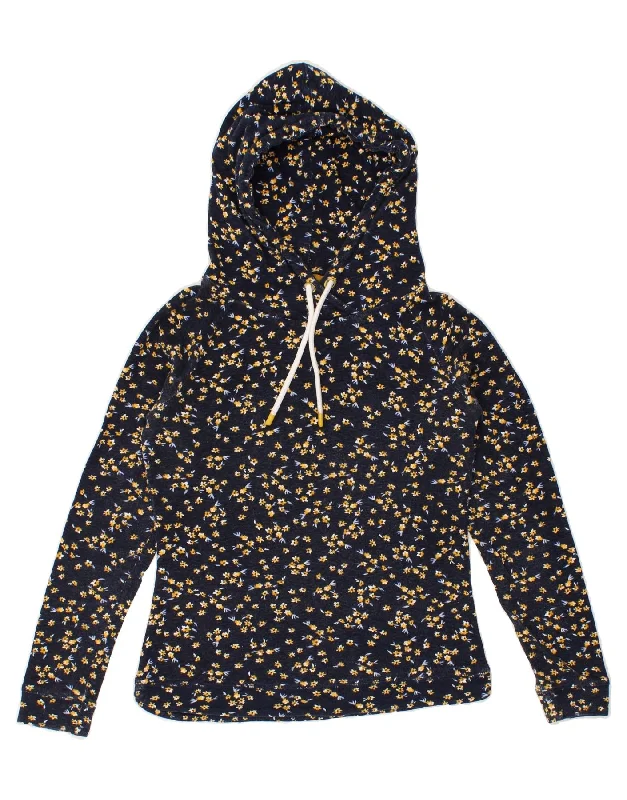 JOULES Womens Hoodie Jumper UK 8 Small Navy Blue Floral Cotton Hoodie with Button Classic Timeless