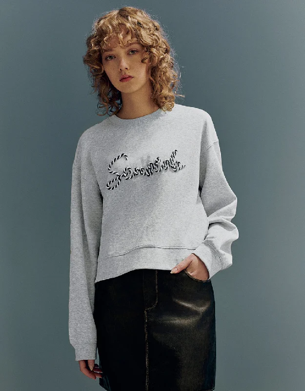 Letter Embroidered Crew Neck Loose Sweatshirt Hoodie Jacket Zipper Layering