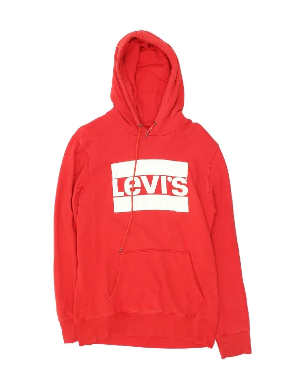 LEVI'S Mens Graphic Hoodie Jumper Medium Red Cotton Hoodie with Monochrome Minimalist Simple