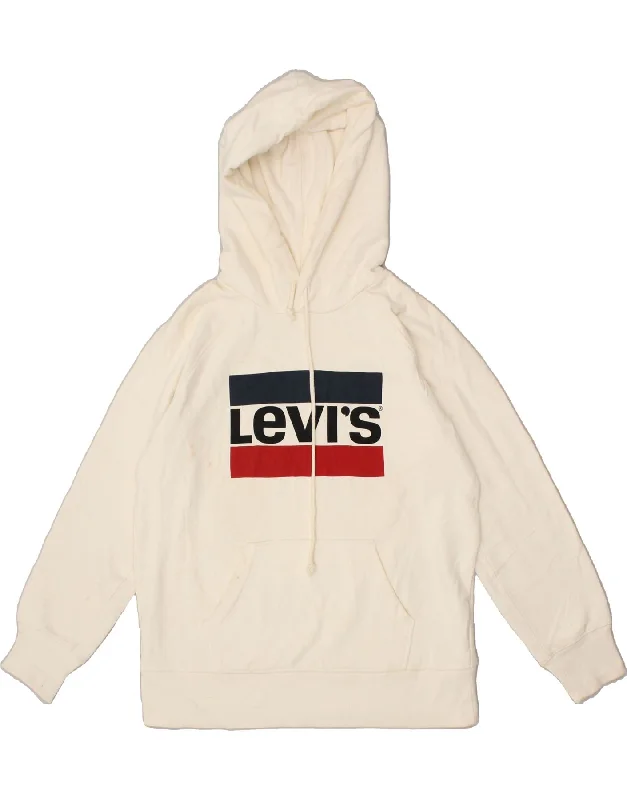 LEVI'S Mens Oversized Graphic Hoodie Jumper UK 6 XS Off White Cotton Hoodie with Pattern Geometric Abstract