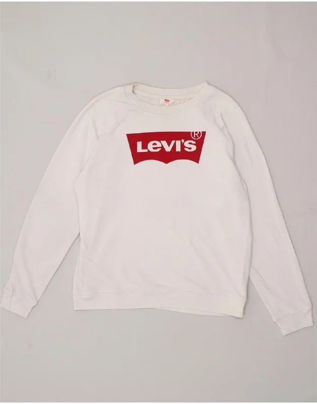 LEVI'S Womens Graphic Sweatshirt Jumper UK 16 Large White Cotton Hoodie with Cuffed Sleeves Snug Secure