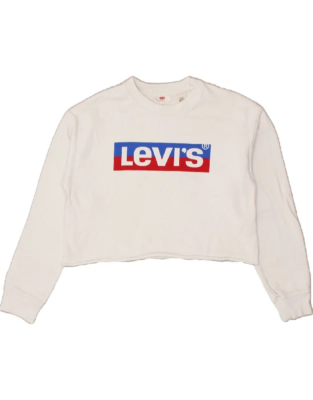 LEVI'S Womens Oversized Crop Graphic Sweatshirt Jumper UK 6 XS White Hoodie with Earth Tones Natural Calm