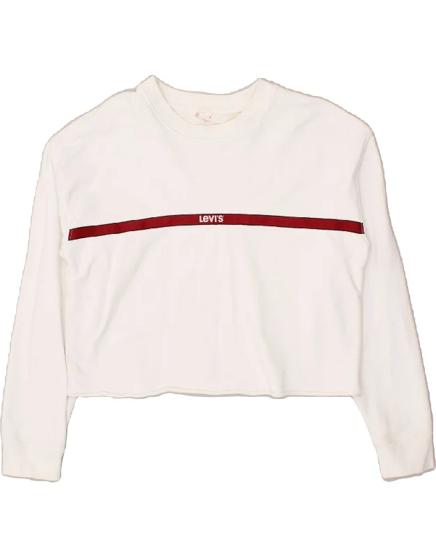 LEVI'S Womens Oversized Crop Sweatshirt Jumper UK 6 XS White Striped Hoodie with Print Artistic Unique