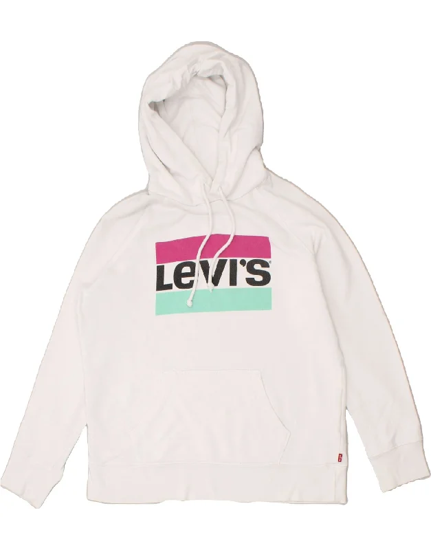 LEVI'S Womens Oversized Graphic Hoodie Jumper UK 10 Small White Cotton Hoodie with Tied Waist Feminine Flattering