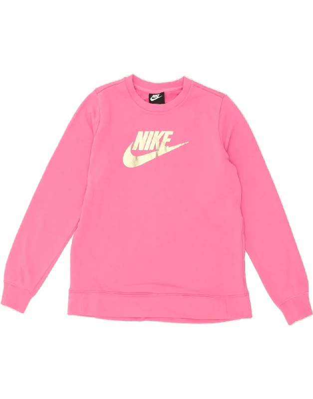 NIKE Girls Graphic Sweatshirt Jumper 13-14 Years XL Pink Cotton Hoodie with Lace Feminine Delicate