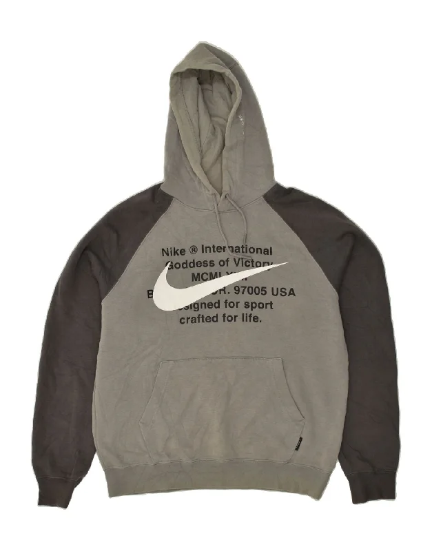 NIKE Mens Graphic Hoodie Jumper Medium Grey Colourblock Cotton Hoodie with Tied Waist Feminine Flattering