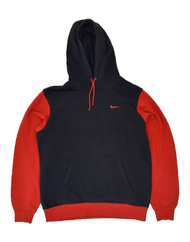 NIKE Mens Hoodie Jumper Medium Navy Blue Colourblock Cotton Hoodie with Mesh Breathable Sporty