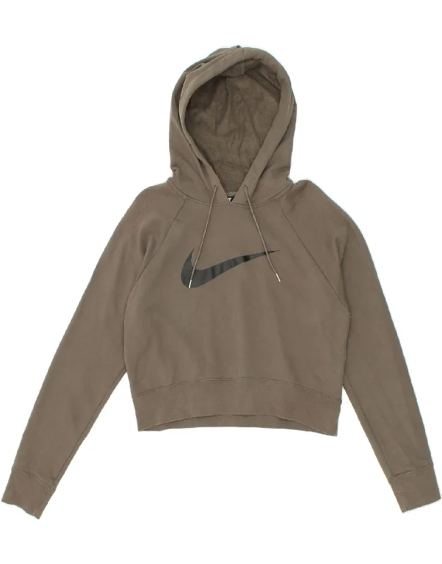 NIKE Womens Graphic Crop Hoodie Jumper UK 14 Large Grey Cotton Hoodie with Drop Shoulder Relaxed Streetwear