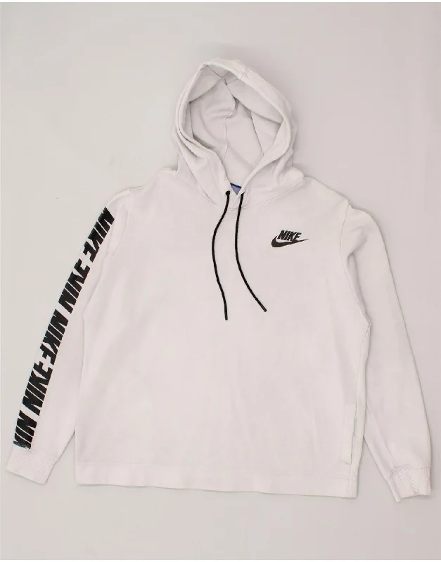 NIKE Womens Graphic Hoodie Jumper UK 14 Large Grey Cotton Hoodie with Mesh Breathable Sporty