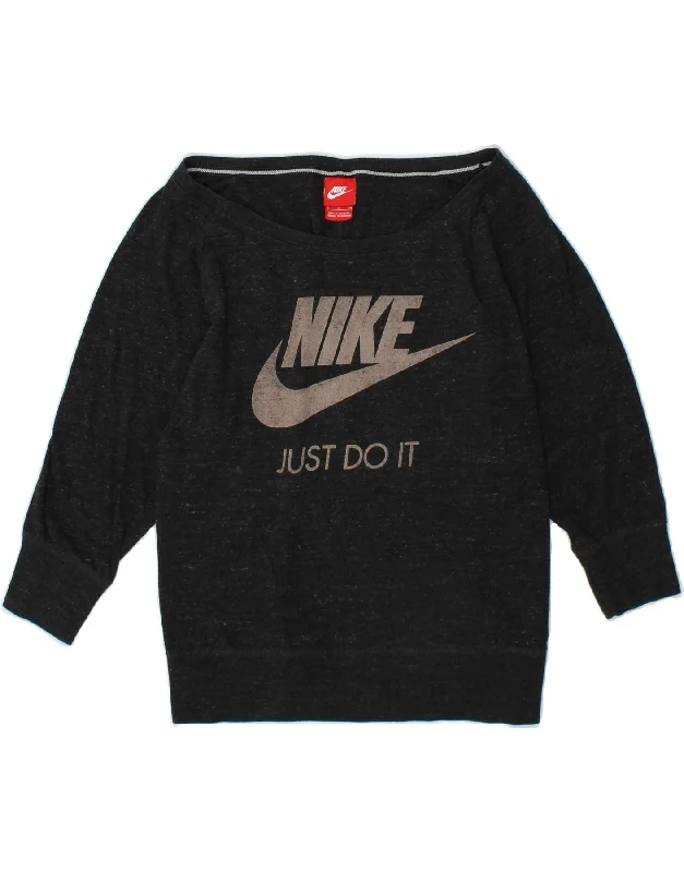 NIKE Womens Graphic Sweatshirt Jumper UK 10 Small Grey Cotton Hoodie with Half-Zip Sporty Casual