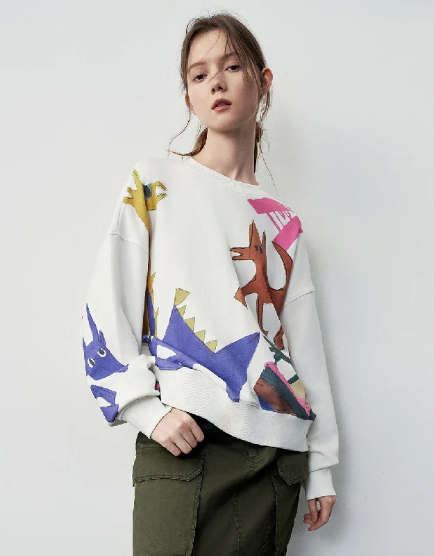 Printed Crew Neck Loose Sweatshirt Hoodie with Slit Hem Functional Movement