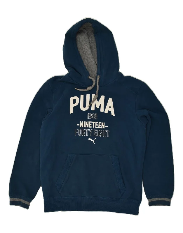 PUMA Mens Graphic Hoodie Jumper Small Navy Blue Hoodie with Exposed Zipper Edgy Industrial