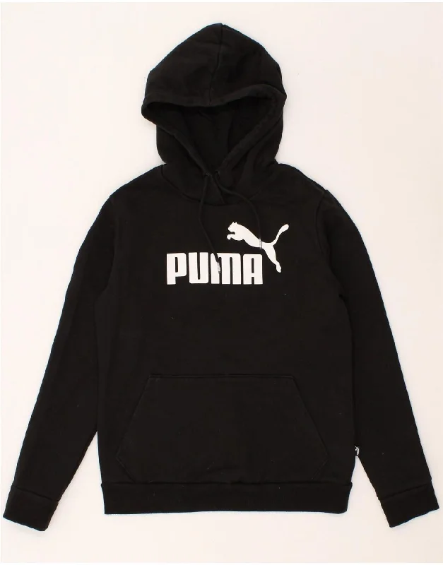 PUMA Womens Graphic Hoodie Jumper UK 10 Small Black Cotton Hoodie with Pastel Soft Subtle