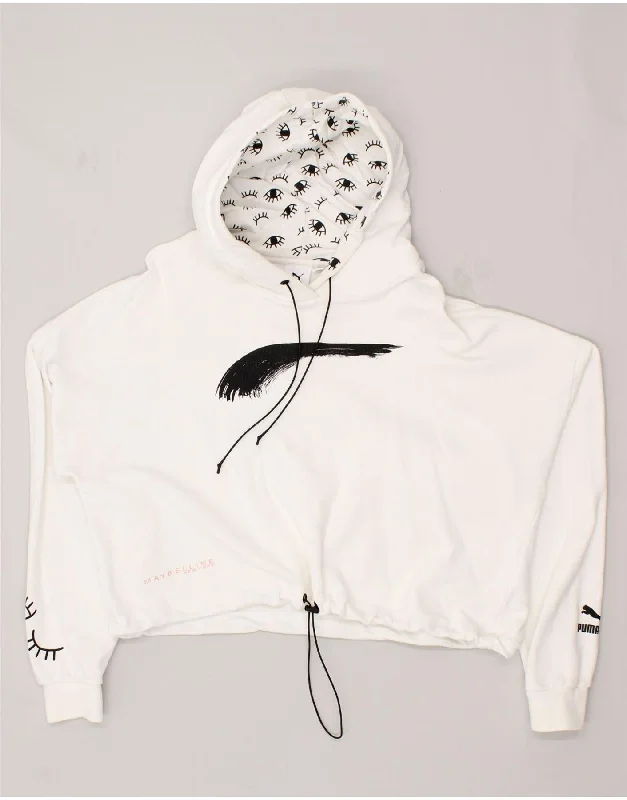 PUMA Womens Maybelline Crop Graphic Hoodie Jumper UK 14 Medium White Hoodie with Illustration Artistic Creative