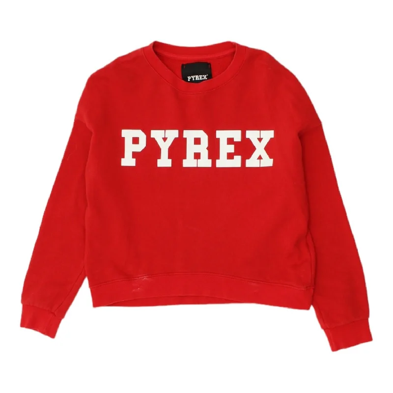 PYREX Womens Red Logo Sweatshirt | Vintage Casual Designer Pullover Jumper VTG Hoodie with Turtle Neck Cozy Winter