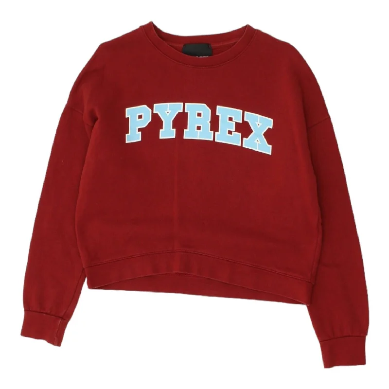 Pyrex Womens Short Red Spellout Logo Sweatshirt | Vintage Designer Jumper VTG Hoodie with Crew Neck Simple Timeless