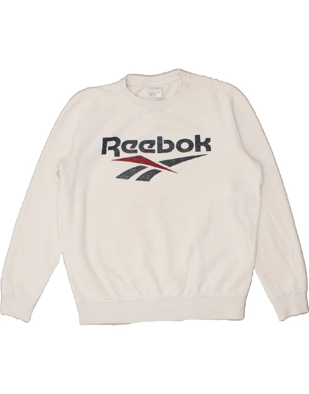 REEBOK Womens Oversized Graphic Sweatshirt Jumper UK 14 Medium White Hoodie with Ribbed Cuffs Snug Fit Comfort