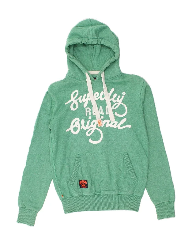 SUPERDRY Mens Graphic Hoodie Jumper Small Green Cotton Hoodie with Snap Buttons Easy Quick