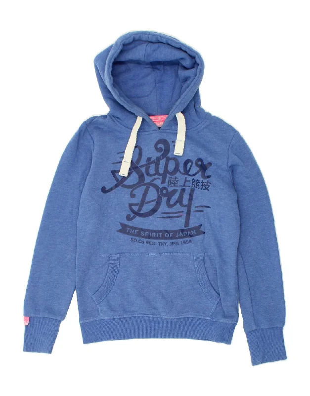 SUPERDRY Womens Graphic Hoodie Jumper UK 10 Small Blue Cotton Hoodie with Drawcord Adjustable Secure