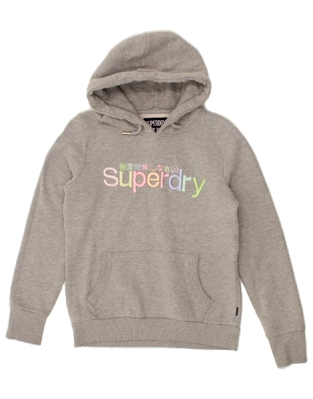 SUPERDRY Womens Graphic Hoodie Jumper UK 12 Medium Grey Cotton Hoodie with Hem Raw Edge Edgy Unfinished