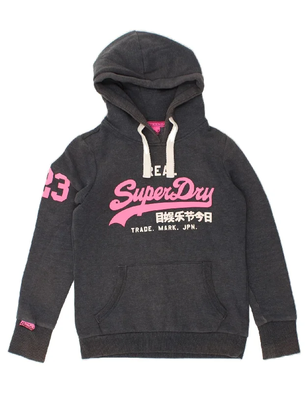 SUPERDRY Womens Graphic Hoodie Jumper UK 14 Medium Navy Blue Cotton Hoodie with Elastic Waist Stretchable Comfortable