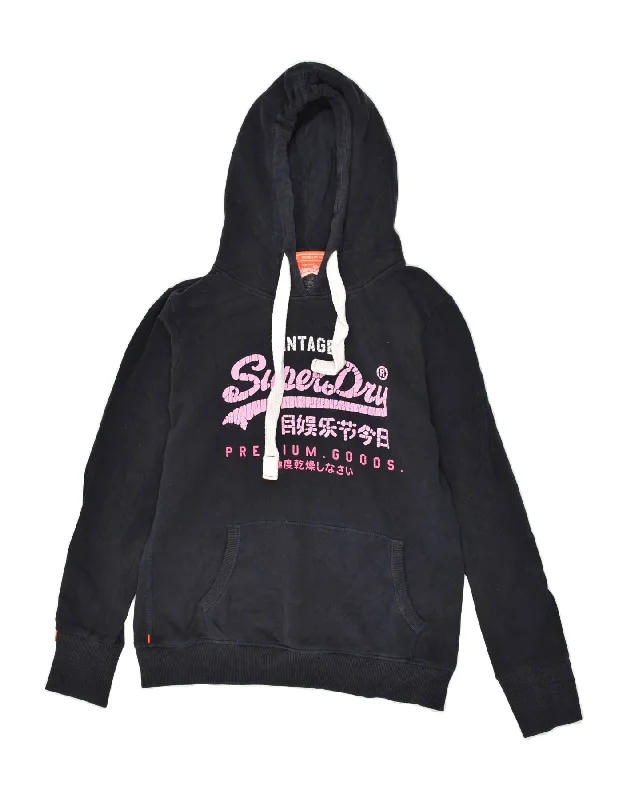 SUPERDRY Womens Graphic Hoodie Jumper UK 16 Large Black Cotton Hoodie with Camouflage Military Edgy