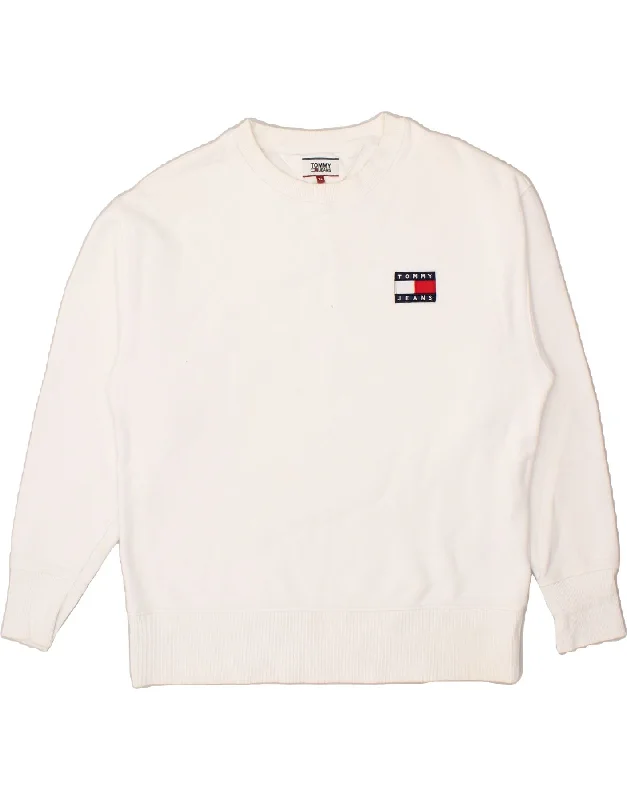 TOMMY HILFIGER Mens Sweatshirt Jumper XL White Cotton Hoodie with Hem Drawcord Adjustable Customizable