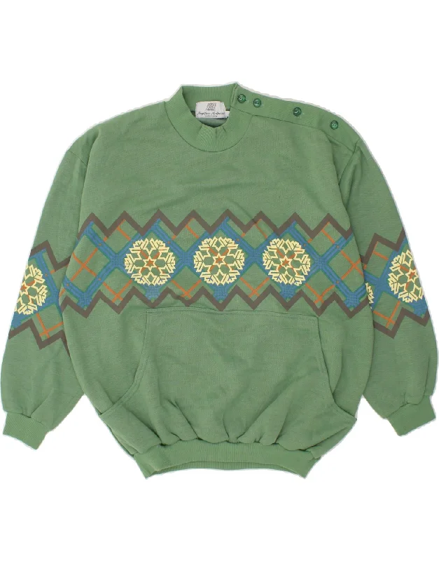 VINTAGE Mens Graphic Sweatshirt Jumper XL Green Cotton Hoodie with Hem Frayed Vintage Worn