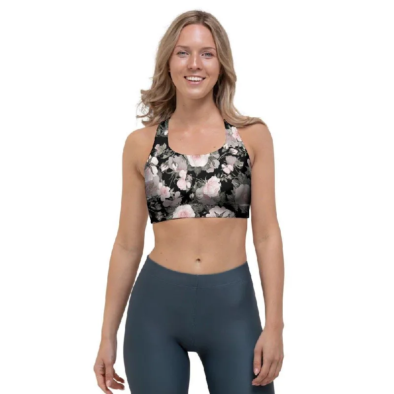 Pink Rose Floral Pattern Print Sports Bra Full Coverage Bra