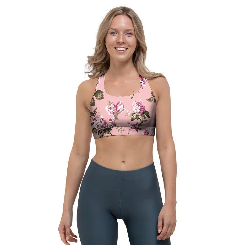 Pink Rose Floral Print Sports Bra Supportive Sports Bra