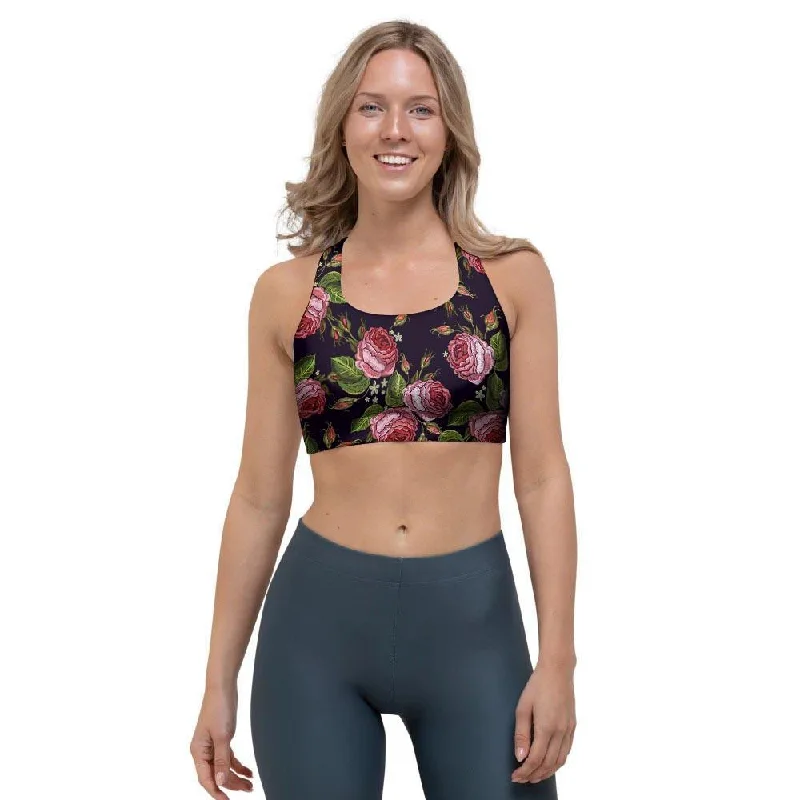 Pink Rose Print Sports Bra Sporty Compression Bra