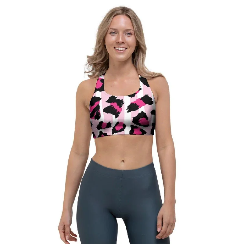 Pink Striped Leopard Sports Bra Supportive Sports Bra