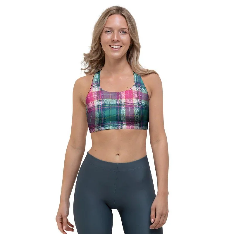 Pink Teal Plaid Tartan Sports Bra High Support Bra