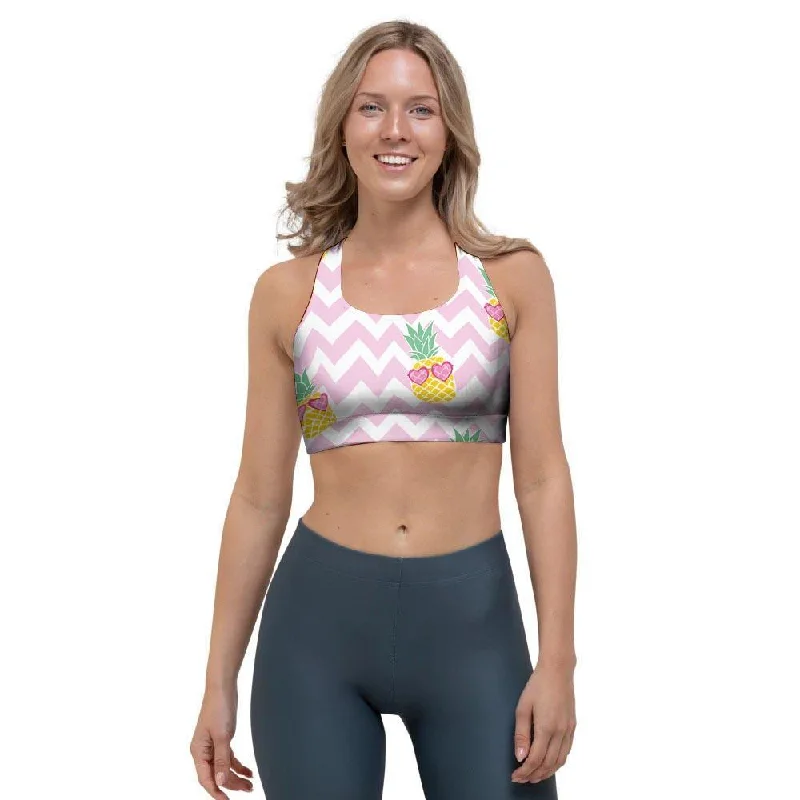 Pink Zig Zag Pineapple Print Sports Bra Lightly Padded Bra