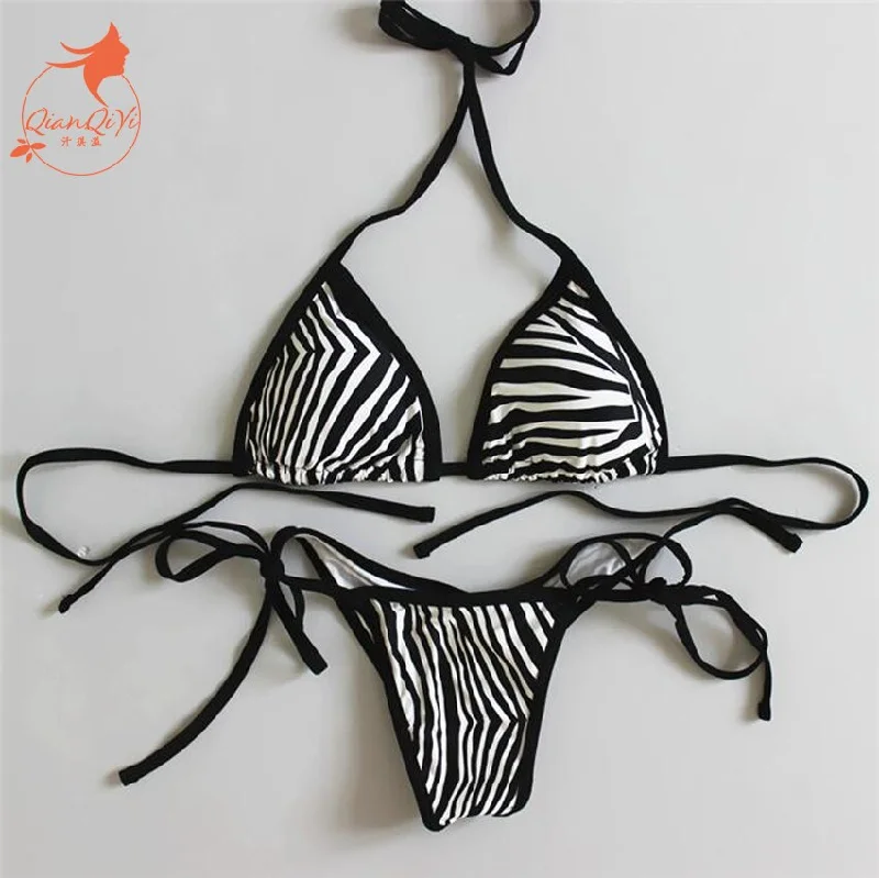 2018 new sexy padded thong bottom bandage swimsuit  Halter Brazilian bikinis set Zebra push up women swimwear bathing suit Sporty Racerback Swimsuit