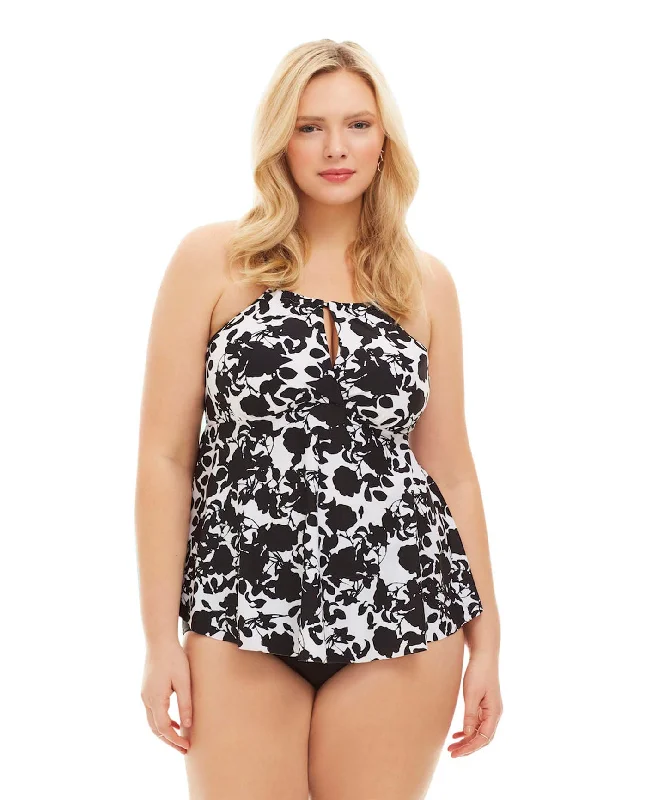 Always For Me Black and White Beach Flower Plus Size Tankini Top with Matching Tankini Bottom Full Coverage Swimsuit