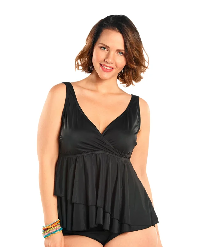 Always For Me Black Plus Size Opulent Wrap Tankini Top with Matching Tankini Bottom Adjustable Bikini Bottoms