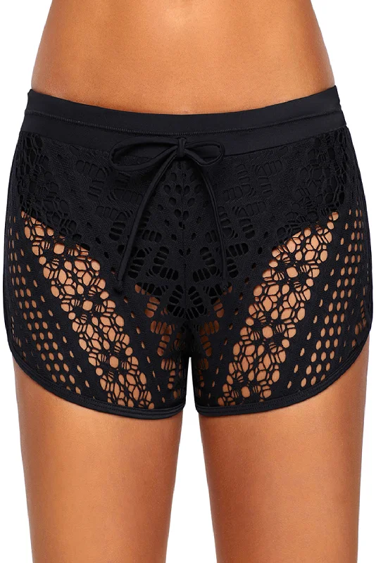 Black Hollow Out Lace Overlay Swim Short Bottom Beach Ready Swimsuit