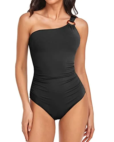 Flattering Tummy Control O-Ring Modest One Shoulder Swimsuit for Women V-Neck Swim Dress