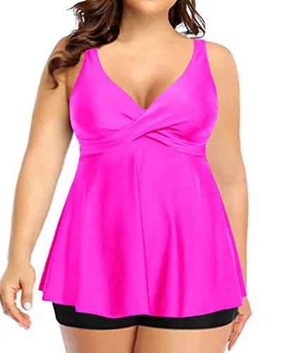 Flowy Plus Size Tankini Swim Top With Boy Shorts For Women-Hot Pink Plunge Back Swimsuit