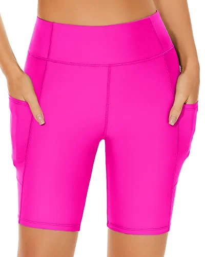 High Waisted Board Shorts Tummy Control Swim Shorts-Neon Pink Mesh Panel Swimwear