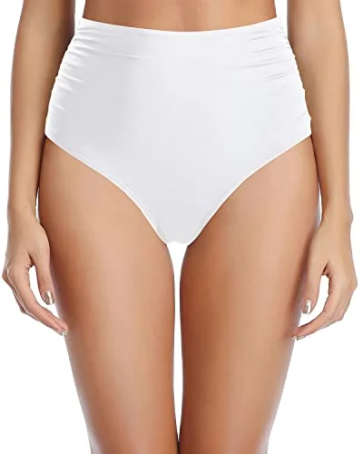 Lace Up Strappy Side Swim Bottoms High Waisted Bikini Bottoms-White Reversible Bikini Set