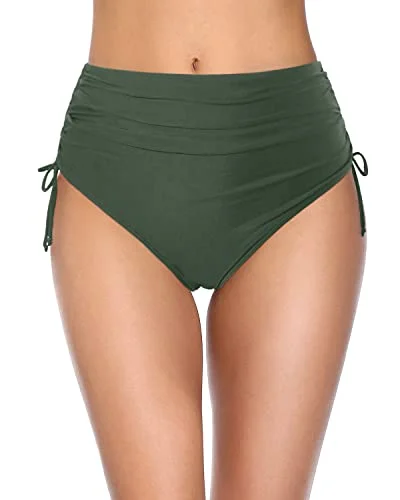 Women High Waisted Bikini Bottoms Full Coverage Swim Bottom-Olive Green Tropical Print Bikini