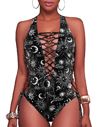 Lace Up Cut Out Monokini One Piece Swimsuits-Black Sun And Moon Stylish Cover-Up Set